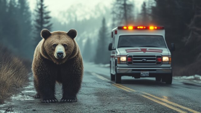 Large bear approaches an ambulance on a remote road amid foggy weather and dense trees - Powered by Adobe