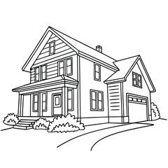Family house in continuous line art drawing style.