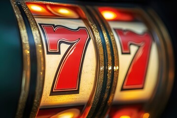 Vibrant spinning reels of a slot machine displaying triple sevens in a casino at night
