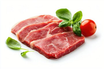 Fototapeta premium Raw Beef Slices with Fresh Basil and Tomato on White Background Culinary Still Life
