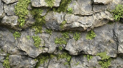 Textured Rock Wall with Greenery Growing in Cracks and Crevices