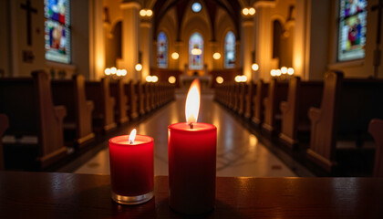 Solemn candles illuminating church interior during Maundy Thursday service, sacred ambiance