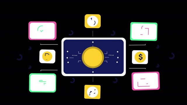 Represent NFTs through flat character animation. Characters interact with the NFT marketplace, create digital art, and engage in sales, displayed in a simple, flat design.