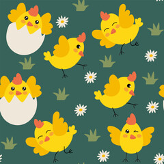 Seamless pattern with adorable yellow chicks, symbolizing spring and Easter. This cute design is perfect for holiday decor, greeting cards, textiles, and wrapping paper, bringing a joyful and festive 