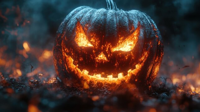 pumpkin head jack lantern glowing in the dark spooky concept