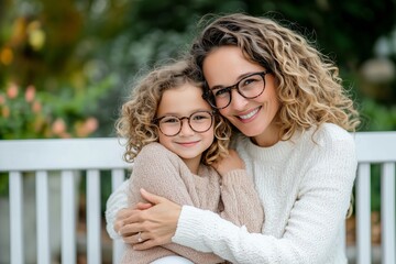 Loving mother and daughter bonding, wearing matching eyeglasses, hugging closely on white park bench under bright sunlight, sharing tender family connection