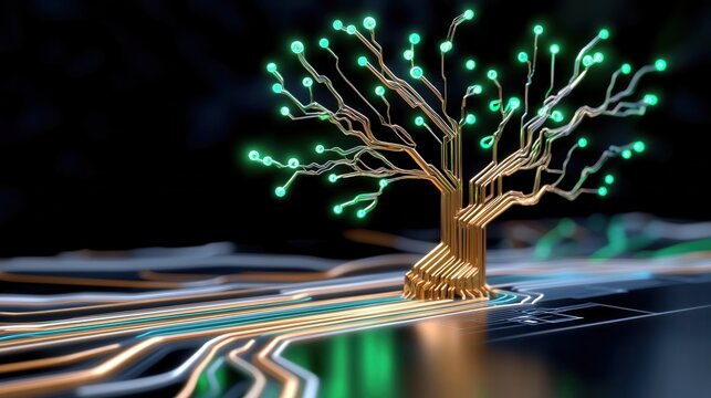 Abstract art of a tree with circuit like branches, glowing neon green and blue lines against a dark gradient background, symbolizing corporate growth