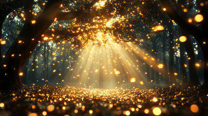 An ethereal composition of dappled golden sunlight piercing a canopy, firefly-like lights sparkling