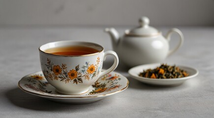 Fototapeta premium Elegant Floral Teacup with Hot Tea, Teapot, and Loose Leaf Tea