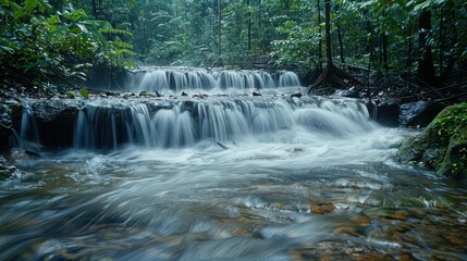 Obraz premium Serene waterfall cascading over rocks in a lush green forest, capturing nature's tranquility