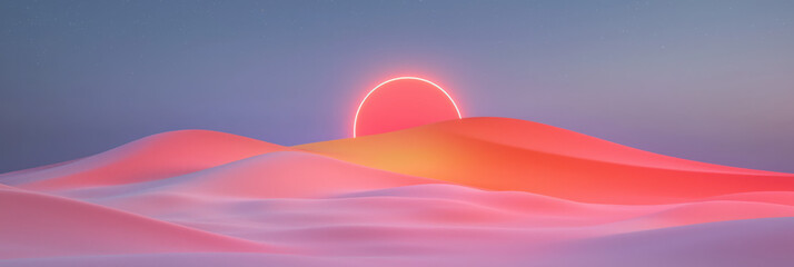 An expansive nighttime scene of softly undulating pink sands illuminated by bold neon beams, sand