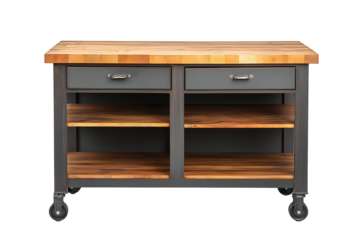 Kitchen island on wheels with butcher block top and open shelving isolated on transparent white background