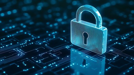 Digital Lock Symbolizing Security, Privacy, and Data Protection in a High-Tech Background with Circuit Patterns