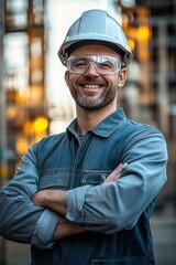 Skilled construction worker with safety gear smiling confidently at a site at sunset