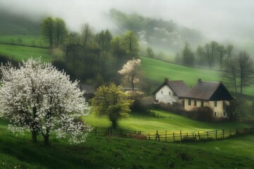 Obraz premium Misty Spring Morning in European Countryside