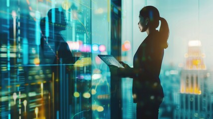 Businesswoman holding a tablet by a large window, viewing a digital global market trends interface with a blurred cityscape background.