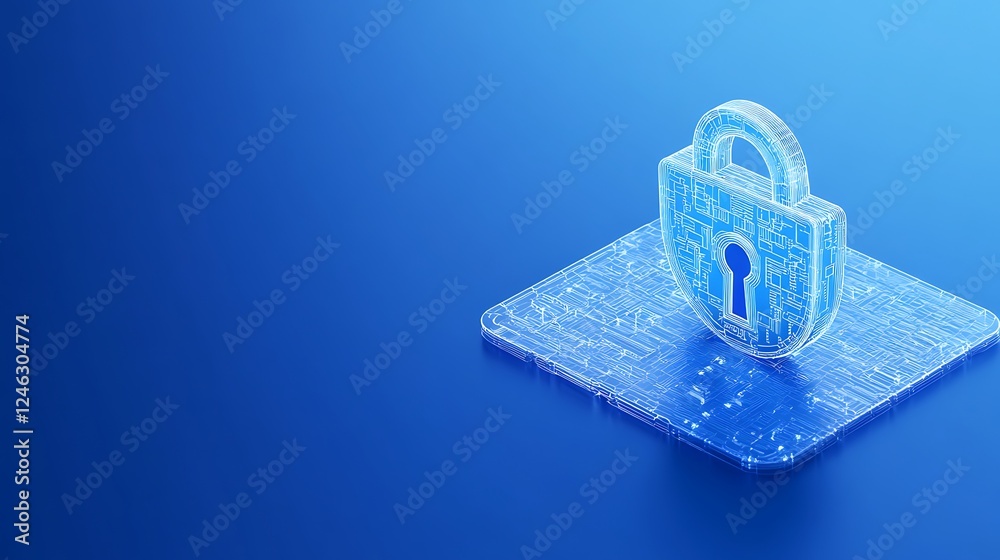Poster digital security concept represented by transparent padlock on blue background with circuit patterns