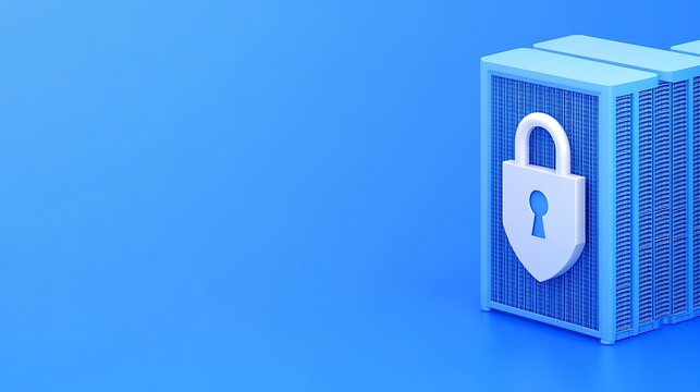 Digital security concept featuring illustration of a secure server with a padlock on a vibrant blue background