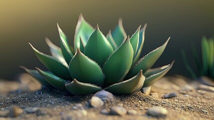 Close up of a green agave plant on sand with soft background light