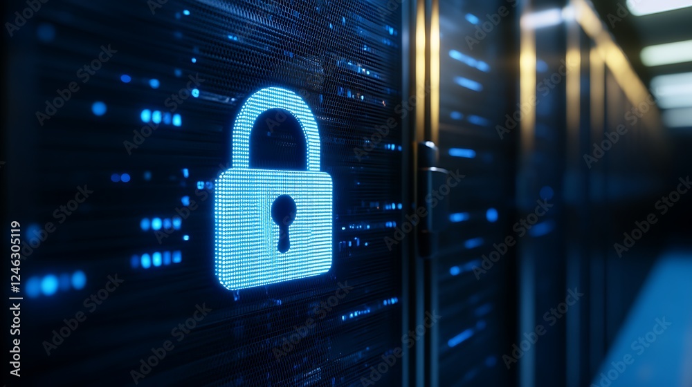 Poster digital security concept with lock icon on data server background in high-tech environment