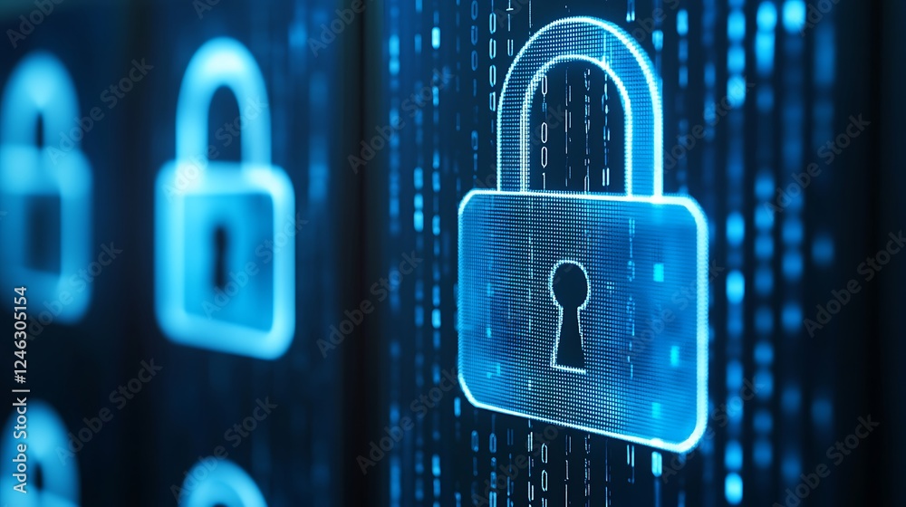 Poster digital security concept with lock icons and binary code background in blue color scheme