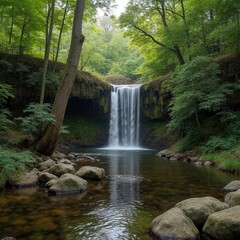 Scenic Waterfall in Lush Green Forest  