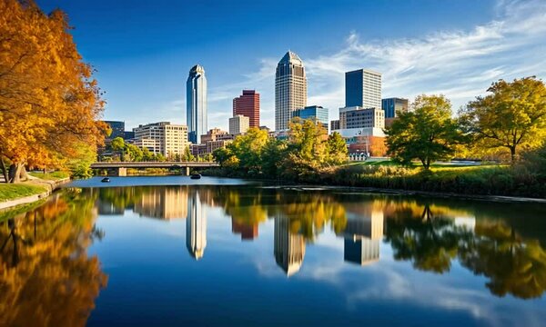 Tulsa, Oklahoma Skyline Reflected in Calm Autumn River