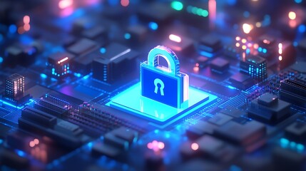 Digital Security Concept with Lock Symbol Surrounded by Technological Circuitry and Glowing Lights