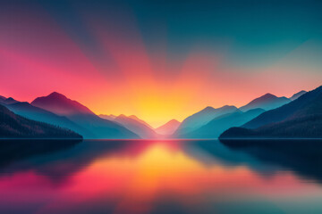 Fototapeta premium A tranquil depiction of a serene lake mirroring a sunset over distant peaks, sun rays shifting