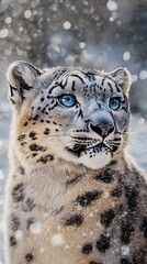 Fototapeta premium A black and white snow leopard with blue eyes 