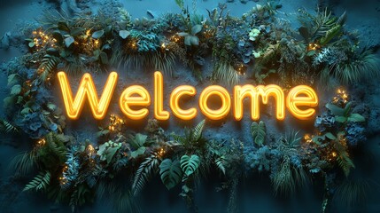 A vibrant neon sign reading 'Welcome' surrounded by lush greenery, creating an inviting atmosphere. Ideal for decor in homes, cafes, or any welcoming space.