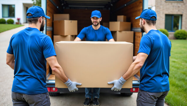 Three  delivery workers in blue uniform carry a large cardboard box from the back of a moving truck assisting each other in a suburban area during daytime. Photorealistic image. Copy space
