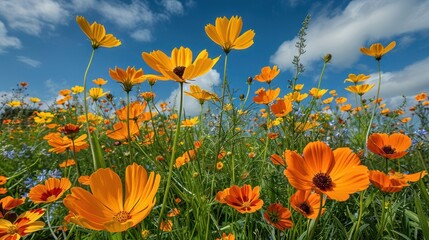 Obraz premium Vibrant orange flowers blooming in a sunny meadow under a blue sky with fluffy clouds