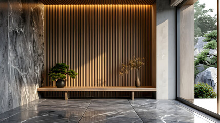 Wooden bench near marble stone wall and wood paneling in cozy hallway. Minimalist home interior design of modern entrance hall with big window. Created with
