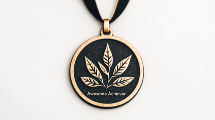 Gold medal featuring leaf design, inscribed with Awesome Achiever, symbolizing achievement and recognition in stylish manner