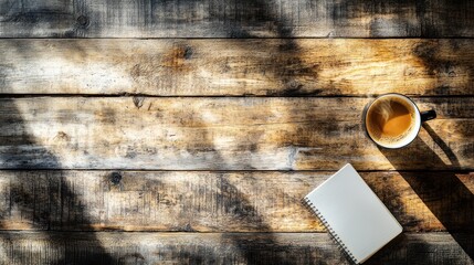 Overhead view of coffee and notebook on rustic wooden table with sunlit shadows.