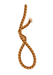Hanging rope with tassel and node. Knitted nautical thread or marine vertical fiber. Textile tassel hang at rope isolated on white background. Vector illustration