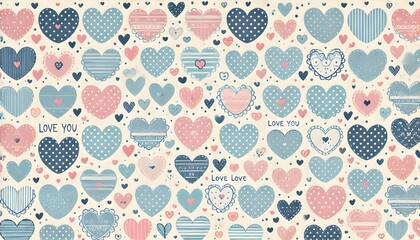 Obraz premium A sweet and simple love wallpaper with a series of blue and pink hearts in various sizes, some filled with patterns like polka dots, stripes, and lace