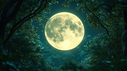 Naklejka premium Full moon shining through forest trees at night.