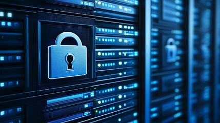 Obraz premium Digital Security Lock on Server Rack Representing Data Protection and Cybersecurity Solutions in IT Environment