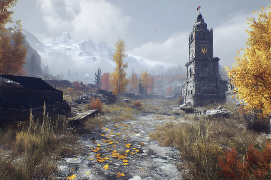 Majestic mountain landscape with a stone clock tower and autumnal foliage, showcasing a path through ruins.  A sense of history and tranquility pervades the scene.