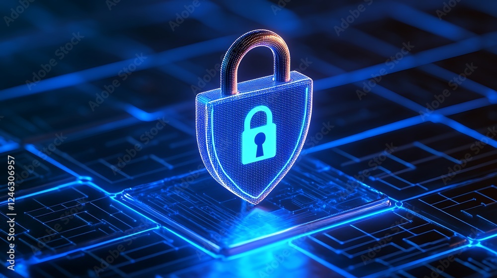 Poster digital security shield with lock symbol illuminated on abstract technology background