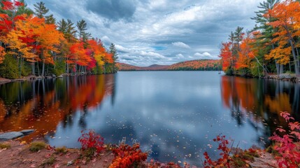 Serene autumn landscape featuring vibrant foliage reflecting on a tranquil lake under cloudy skies
