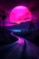 Naklejka premium A cinematic scene of a neon-washed road in a retro-futuristic realm, ending at a colossal sunset,