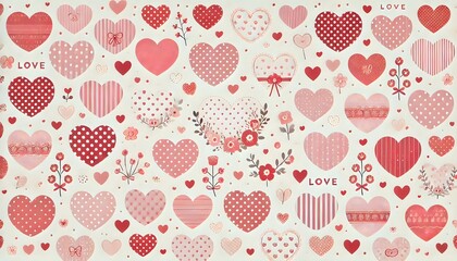 A sweet and simple love wallpaper with a series of red and pink hearts in various sizes, some filled with patterns like polka dots, stripes, and lace