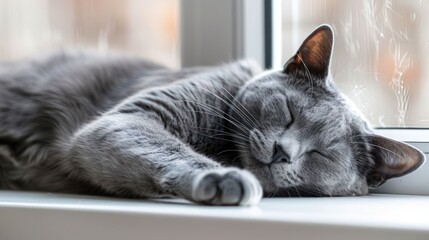 Grey cat peacefully sleeping on a windowsill with soft sunlight filtering through