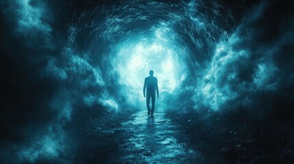 Fototapeta premium resurrection a silhouette of a man in a dark cave walking towards the light 3d rendering