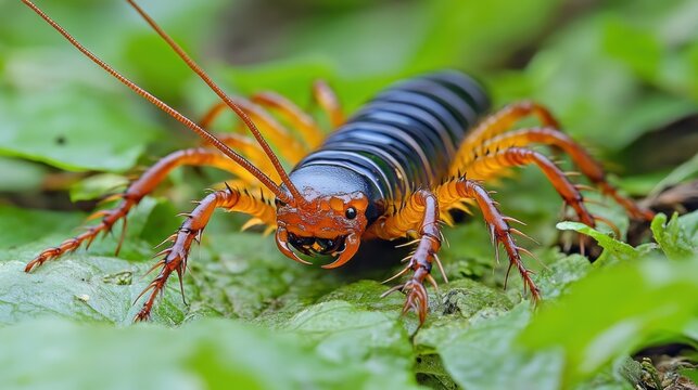 Close-up of a vibrant orange and black scolopendra centipede on green foliage.