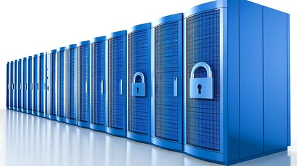 Futuristic Data Center with Secure Server Racks and Lock Symbols for Digital Storage and Protection Concept