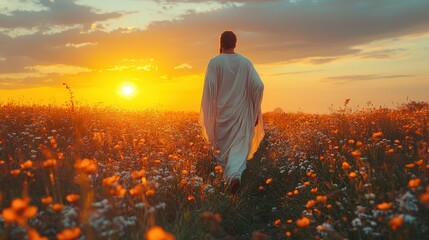Fototapeta premium resurrection a young man in a white robe walks through the field at sunrise